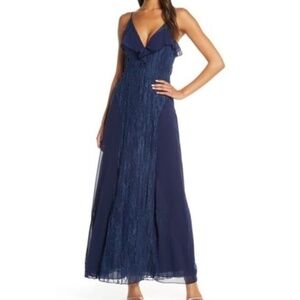 Foxiedox NWT Pintuck Lace Chiffon Maxi Dress Navy Blue Size Small